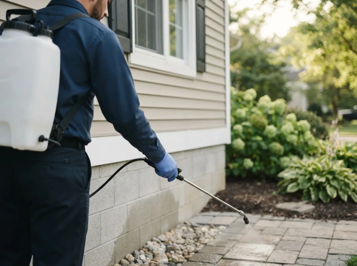 Pest control technician inspecting a home in Norwood, MO